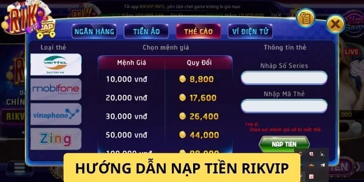 Các bước nạp tiền cổng game Rikvip cho người mới
