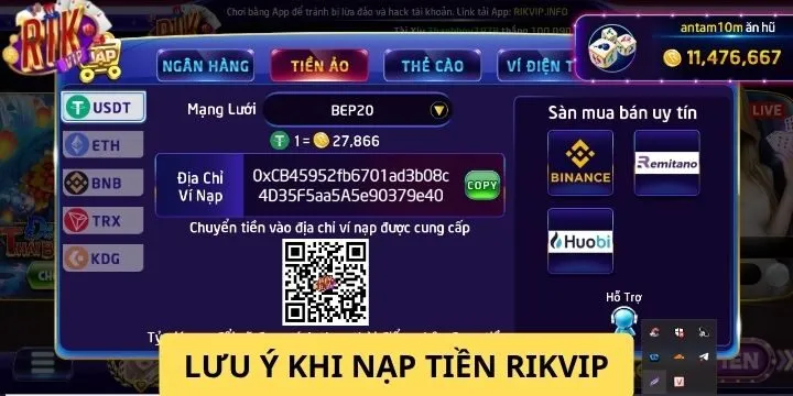 Một số chú ý cần biết khi thực hiện nạp tiền tại Rikvip